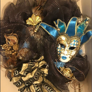 Brown and blue large fall wreath. 39 X 36  fall blue and gold masquerade face